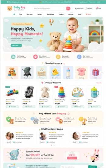 Site de produtos infantis com cores suaves e categorias de produtos